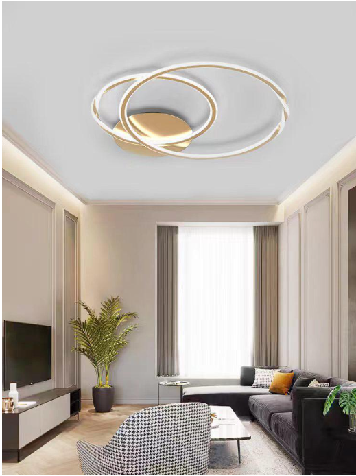 Plafoniera LED cu Telecomanda 2 Twist Rings,D500×430×80mm, 3 Tipuri de lumina, Auriu