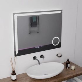 Oglinda LED Mars, 80x60 cm,  Sistem Dezaburire, Ceas & Termometru, Lupa Cosmetica, Dimabila  DVB-W07