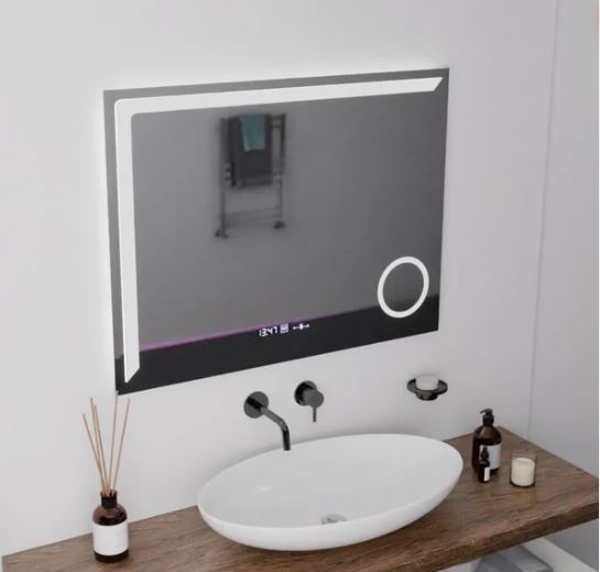 Oglinda LED Mars, 80x60 cm,  Sistem Dezaburire, Ceas & Termometru, Lupa Cosmetica, Dimabila  DVB-W07