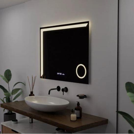 Oglinda LED Mars, 80x60 cm, Sistem Dezaburire, Ceas & Termometru, Lupa Cosmetica, Dimabila DVB-W07 - imagine 4