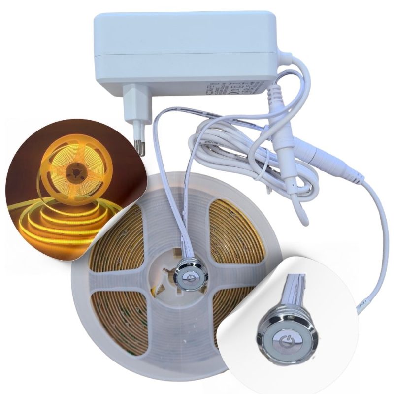 Kit banda led COB dimabila cu buton touch si alimentator lumina calda
