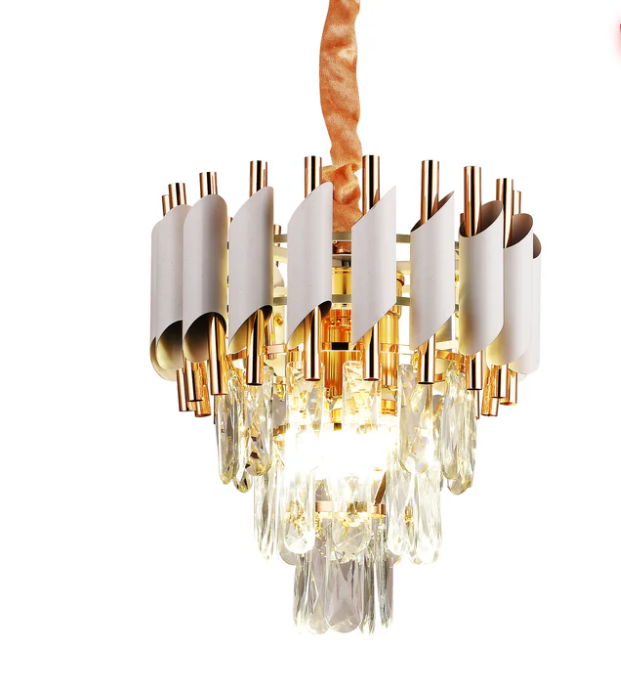 Candelabru Cristal VELLITA PETITO 3x E14, Diametru 30 cm, Auriu si Alb, Inaltime Reglabila