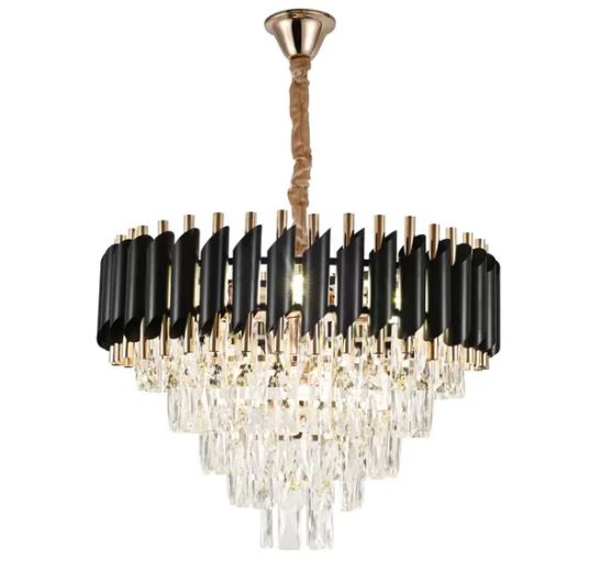 Candelabru Cristal VELLITA 8x E14, Diametru 49 cm,Negru si Auriu Lucios, Inaltime Reglabila