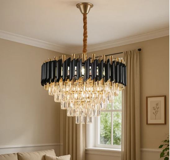 Alternative view of Candelabru Cristal VELLITA 8x E14, Diametru 49 cm,Negru si Auriu Lucios, Inaltime Reglabila
