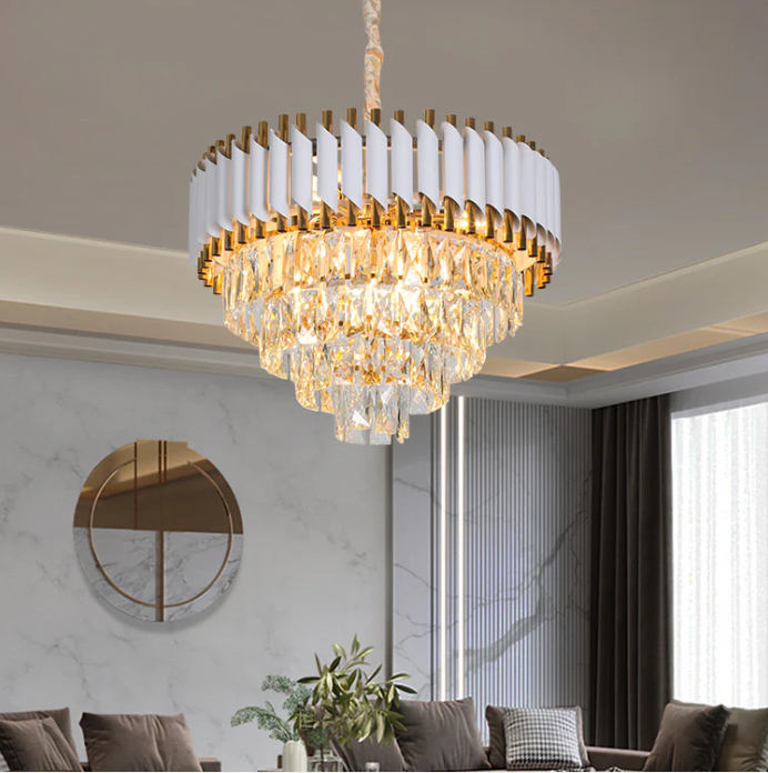 Candelabru Cristal VELLITA 8x E14, Diametru 49 cm, Auriu si Alb , Inaltime Reglabila