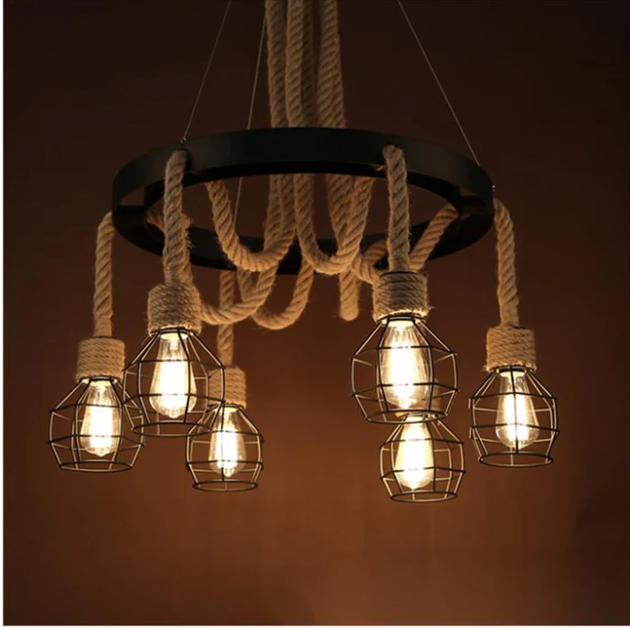 Alternative view of Lustra Roata Rustic Cu 6 Soculuri E27, Metal si Sfoara