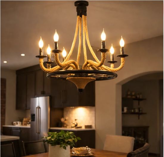 Lustra Suspendata Rustic 2 Cu 6 Soculuri E27, Metal si Sfoara
