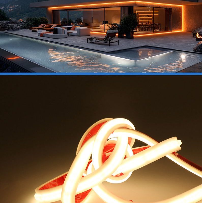 Luxury modern house at dusk with orange LED outlining the terraces and pool area, glass walls glowing softly.
