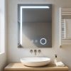 Modern bathroom vanity with a backlit rectangular mirror featuring touch controls and a circular light, over a round white sink on a wooden counter.