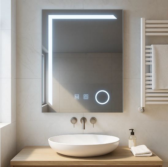 Modern bathroom vanity with a backlit rectangular mirror featuring touch controls and a circular light, over a round white sink on a wooden counter.