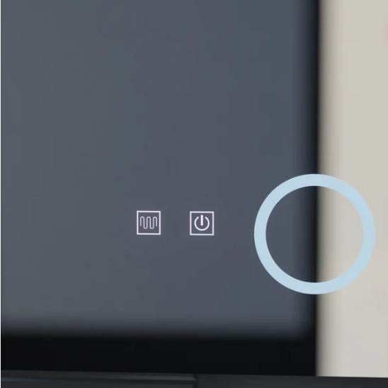 Close-up of a device control panel showing a power button and another small button, with the right edge highlighted by a circle