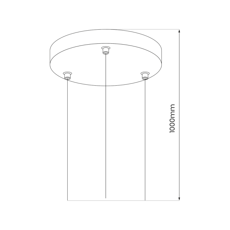 Round ceiling canopy with three suspension rods hanging down to form a three-cable pendant light, 1000 mm drop noted on the side.