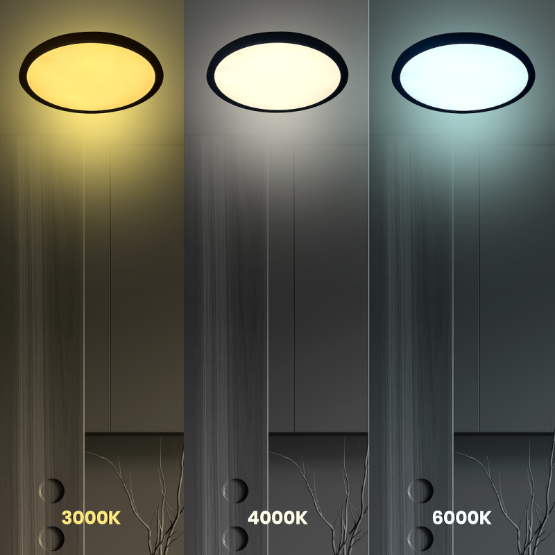 Three ceiling lights showing different color temperatures: 3000K (warm), 4000K (neutral), and 6000K (cool) from left to right in a modern interior with vertical panels.