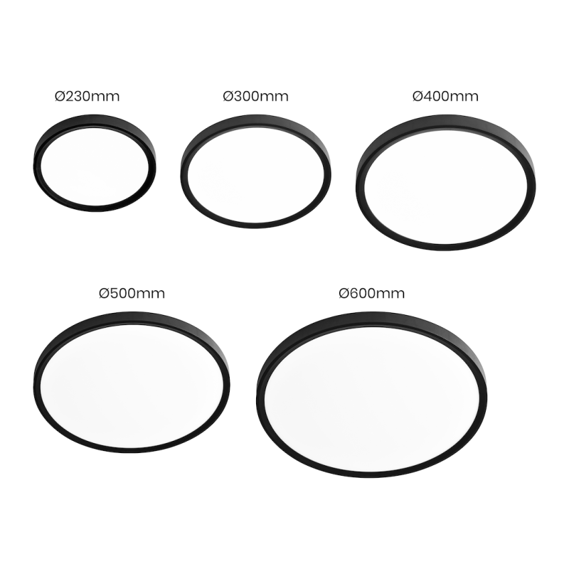 Five black-framed circular mirrors in increasing sizes: Ø230mm, Ø300mm, Ø400mm, Ø500mm, Ø600mm arranged in two rows