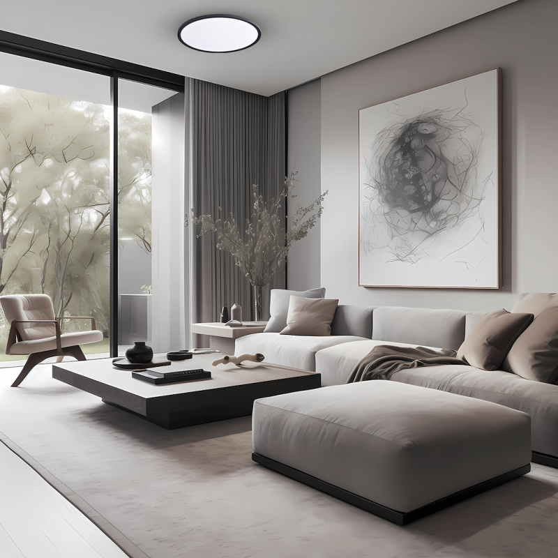 Modern minimalist living room with a gray sectional, low black coffee table, and a large abstract art piece on the wall beside a floor-to-ceiling window.