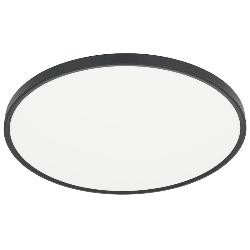 Round flush-mounted ceiling light with a white diffuser and dark gray rim, minimal modern design.