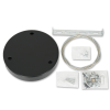Black circular ceiling-mount base with a metal cable and assorted screws, brackets, and wall anchors for installation.