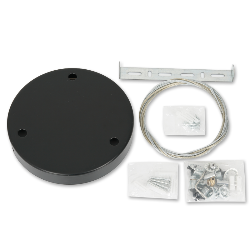 Black circular ceiling-mount base with a metal cable and assorted screws, brackets, and wall anchors for installation.