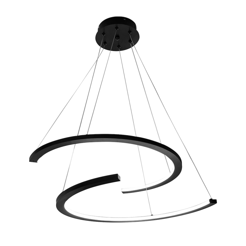 Modern circular LED pendant light with two intertwined rings suspended from a ceiling plate by thin cables