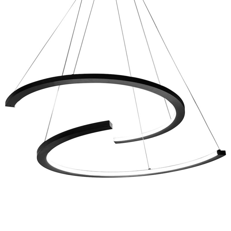 Two circular pendant light rings hanging from thin cables, forming an abstract modern chandelier.