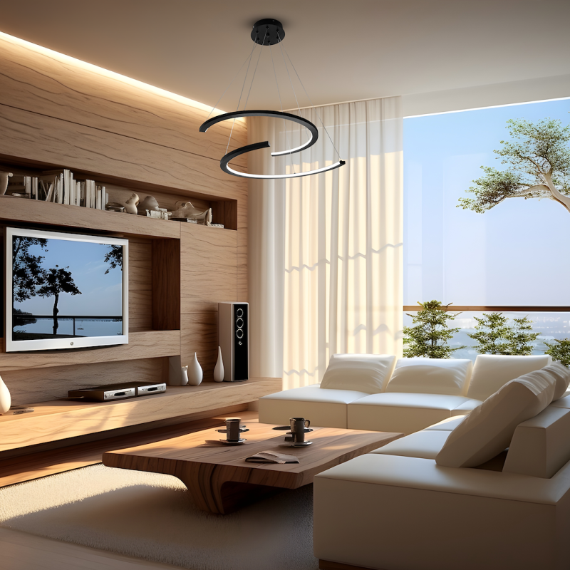 Modern living room with white sectional sofa, wooden media wall, circular suspended light fixture, and floor-to-ceiling window with trees outside.