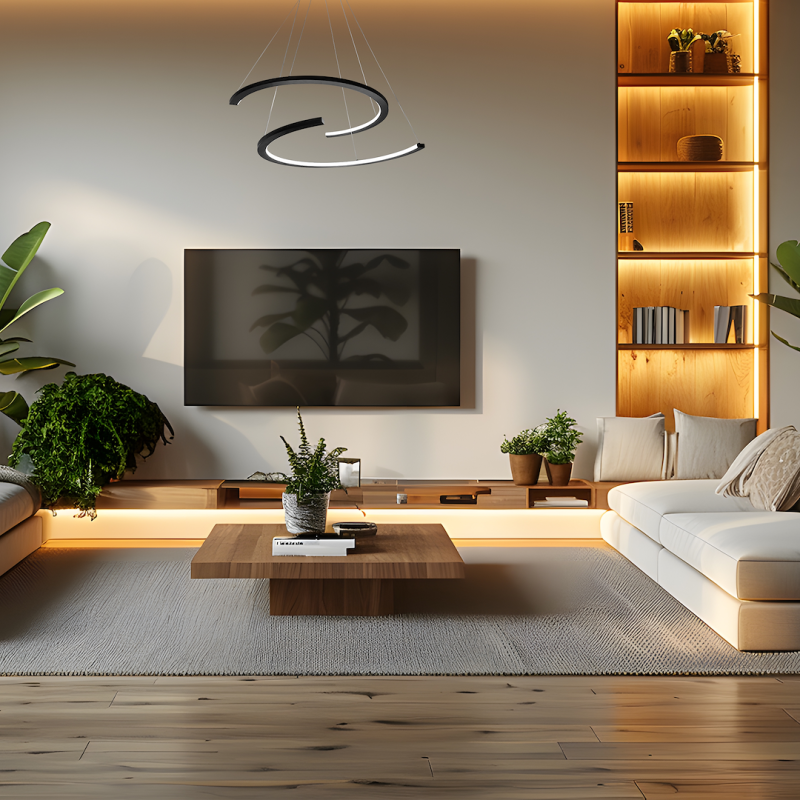 Modern living room with a wall-mounted flat-screen TV, built-in wooden shelves, and a circular pendant light.