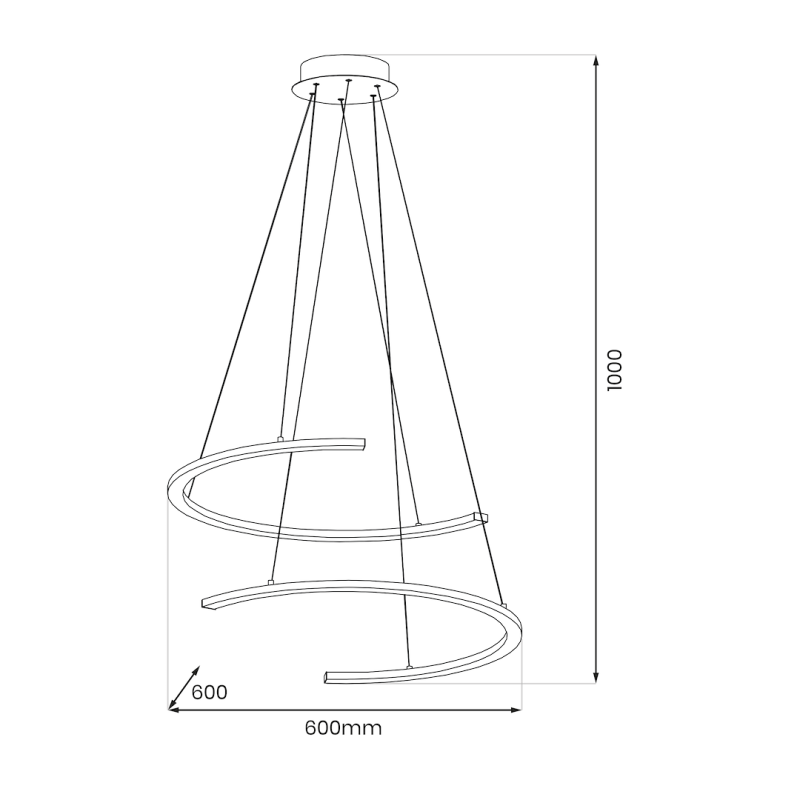 Spiral pendant light with two looping rings suspended by cables from a ceiling mount; overall height 1000 mm and width 600 mm.