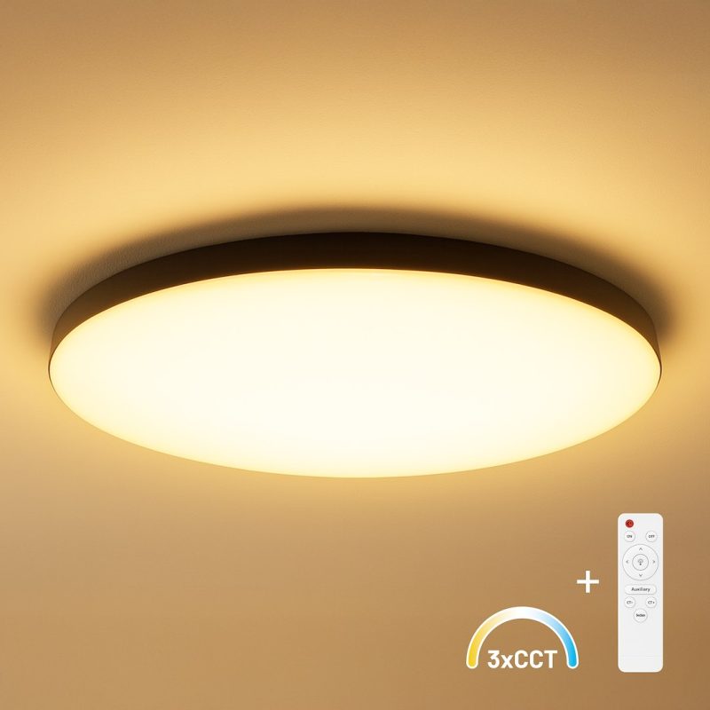 Round flush-mount ceiling light emitting warm white glow; a remote control and a 3xCCT color-temperature icon appear in the corner.