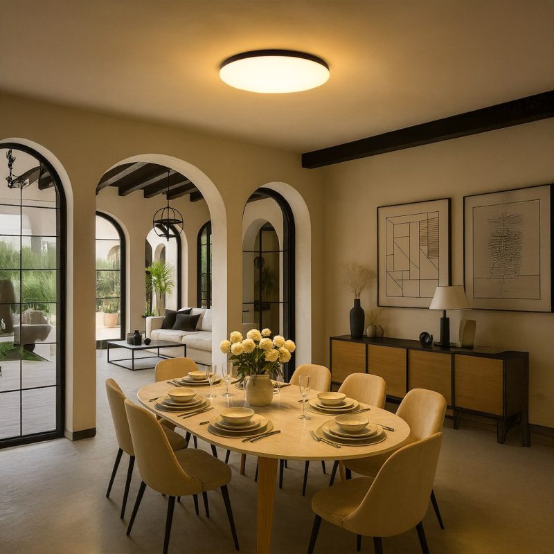 Elegant dining room with an oval wooden table set for eight and a floral centerpiece, arched doorways, and warm lighting.