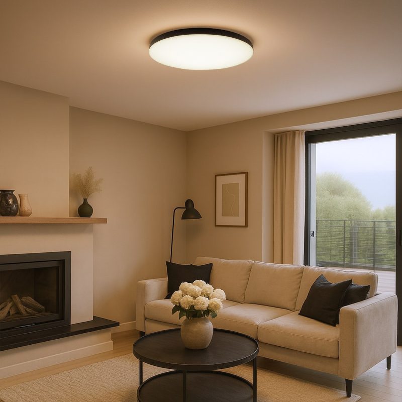 Cozy living room with a beige sofa, black pillows, and a round black coffee table featuring a vase of white flowers beside a fireplace and large window with a balcony view under warm lighting.