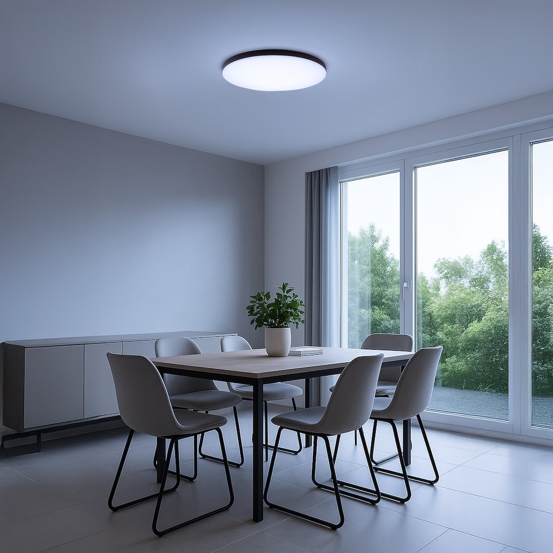 Modern dining room with six gray chairs around a light wood table, a potted plant centerpiece, and large windows showing greenery on a quiet day.