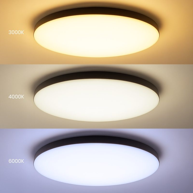 Ceiling light shown at three color temperatures: 3000K warm, 4000K neutral, 6000K cool—demonstrating different light tones