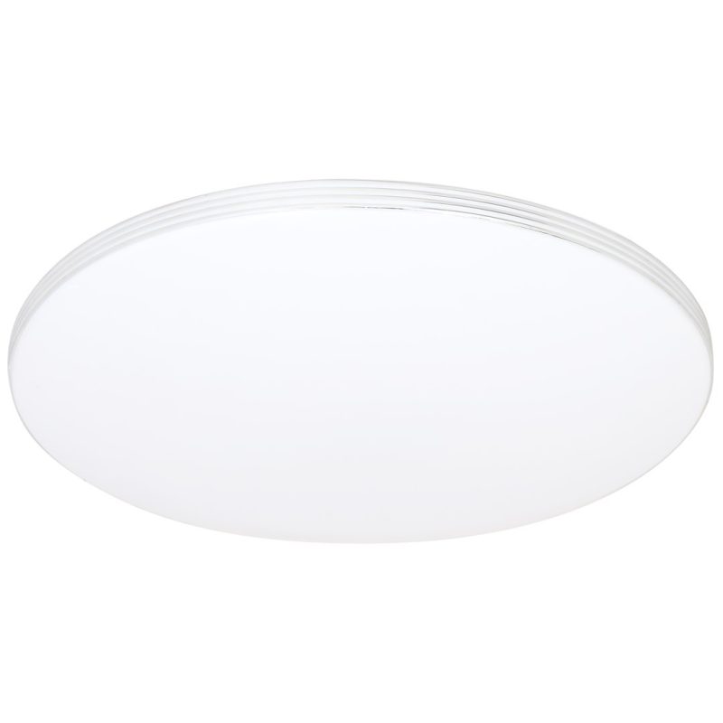 Round white flush-mount ceiling light with a smooth, diffused cover and subtle ribbed edge for soft overhead illumination.