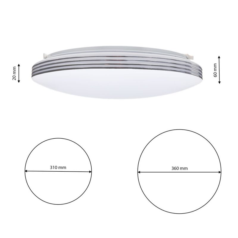 Ceiling-mounted circular light fixture with a layered metal band; diagram shows height 60 mm and a profile of about 20 mm, with two diameter options: 310 mm and 360 mm.