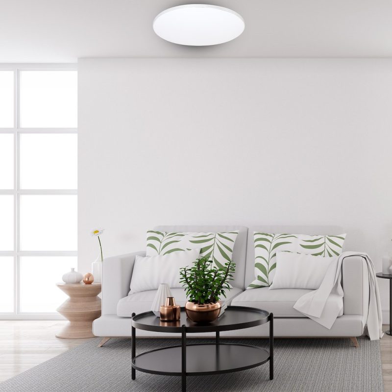 Bright minimalist living room with a white sofa, green palm-pattern cushions, and a round black coffee table with copper decor and a plant. Large window on the left adds natural light.