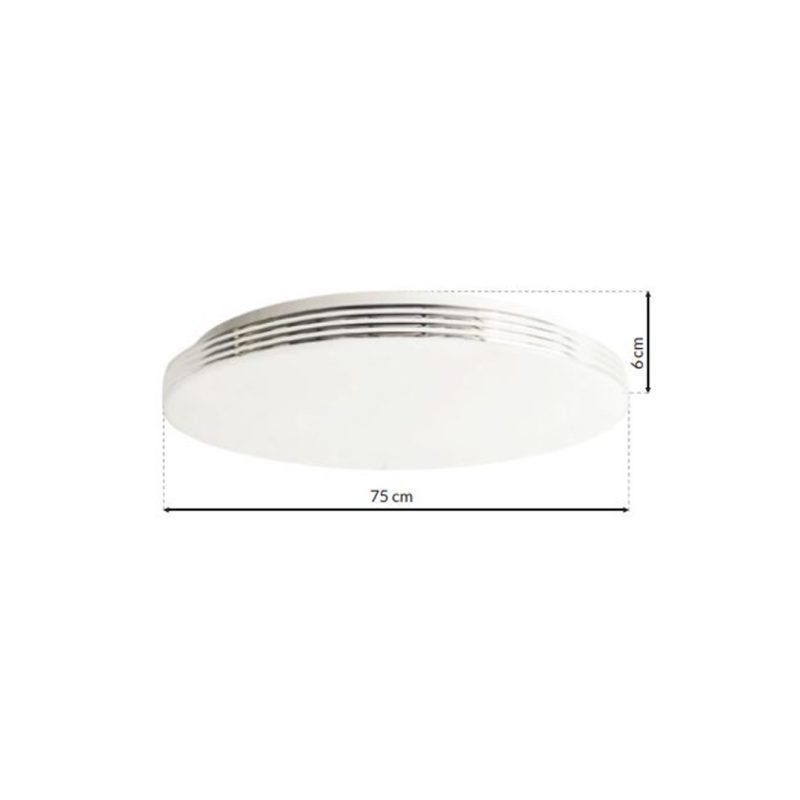 Round white ceiling light fixture with a grooved metal rim, 75 cm diameter and 6 cm height.