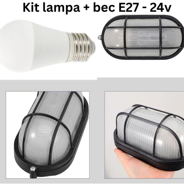 Product image of a lamp kit with an E27 bulb and a rectangular outdoor flood light housing showing multiple angles. Intended for exterior lighting use.