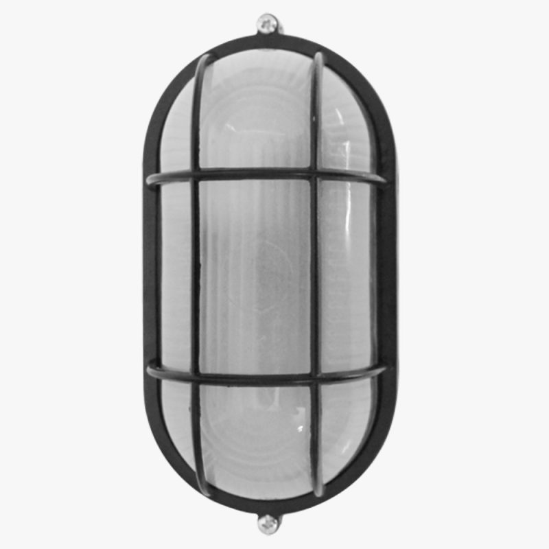 Outdoor wall-mounted industrial cage light with a glass cover and protective metal grid on a black frame.