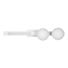 Minimalist white wall sconce with two spherical shades on a horizontal bar.