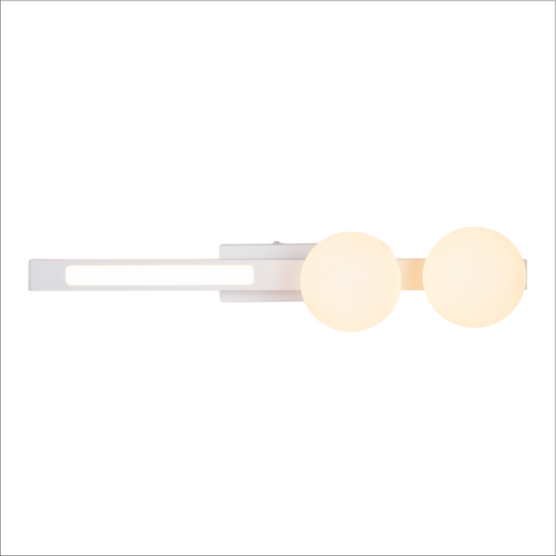 Modern wall sconce with two round globe lights on a horizontal bar, emitting soft warm light.