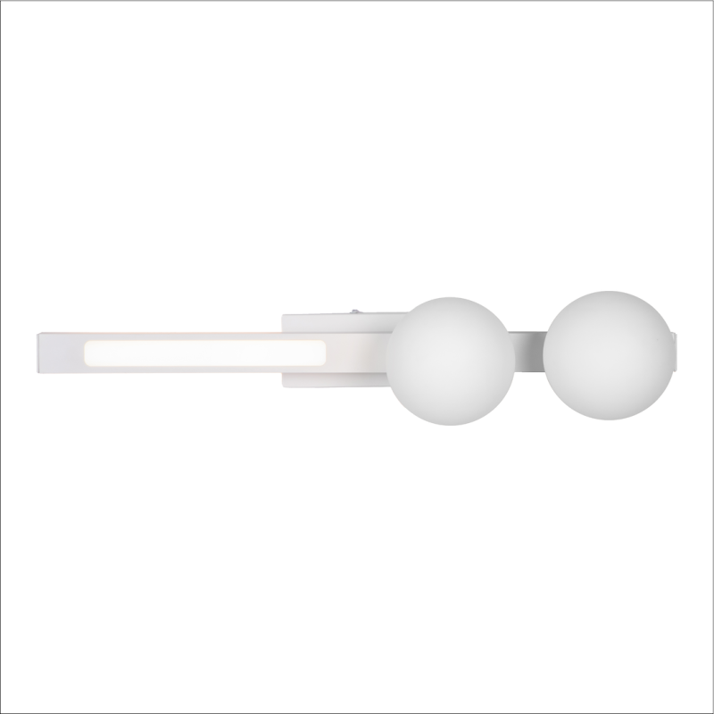 Modern white wall sconce with two frosted globe bulbs along a slim horizontal bar