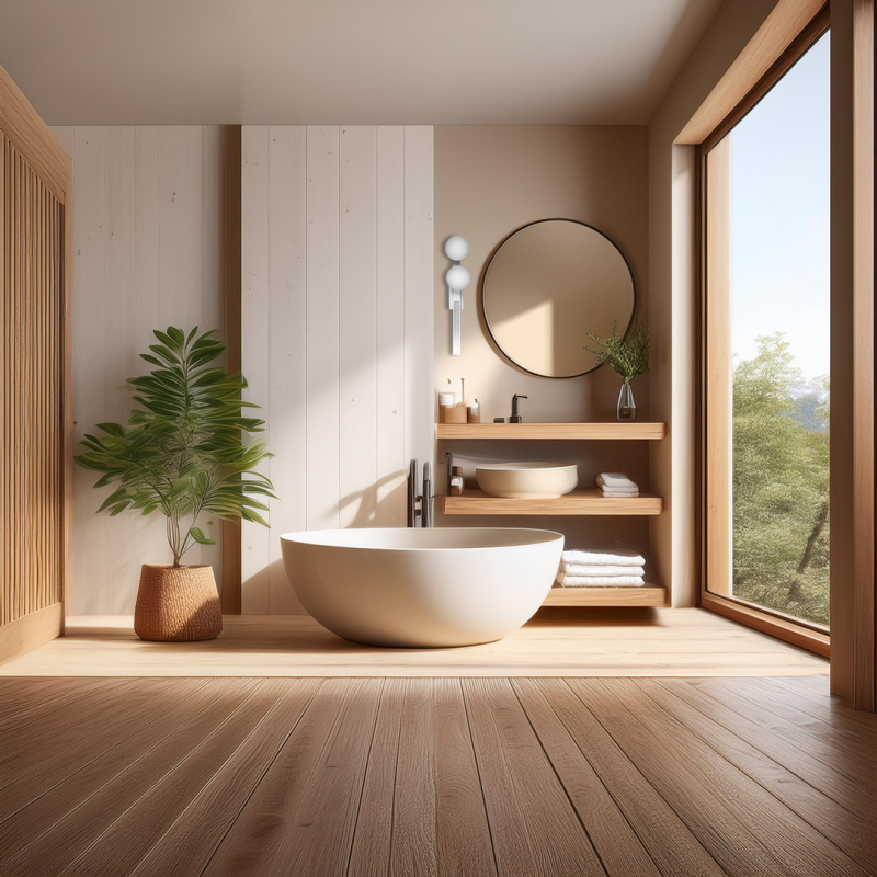 Modern spa-like bathroom with a round freestanding white tub, wooden floors, and a large window overlooking trees; plant and round mirror above a wooden shelf.