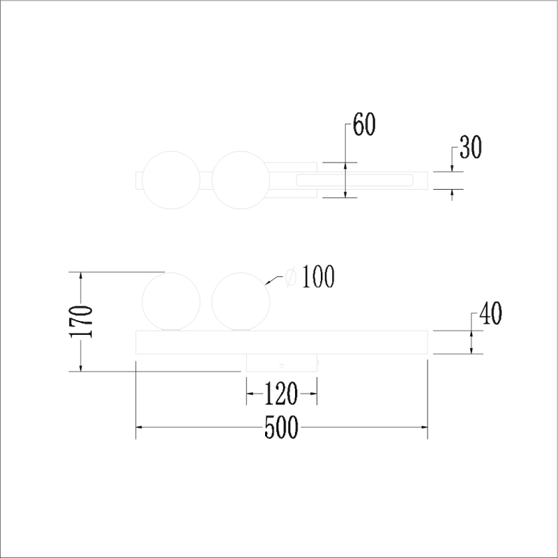Technical drawing of a two-wheel trolley mounted on a long rectangular base; shows overall length 500 mm, base height 40 mm, wheel diameter 100 mm, spacing 120 mm between centers, and a top slot with 60 mm and 30 mm offsets in a side view.
