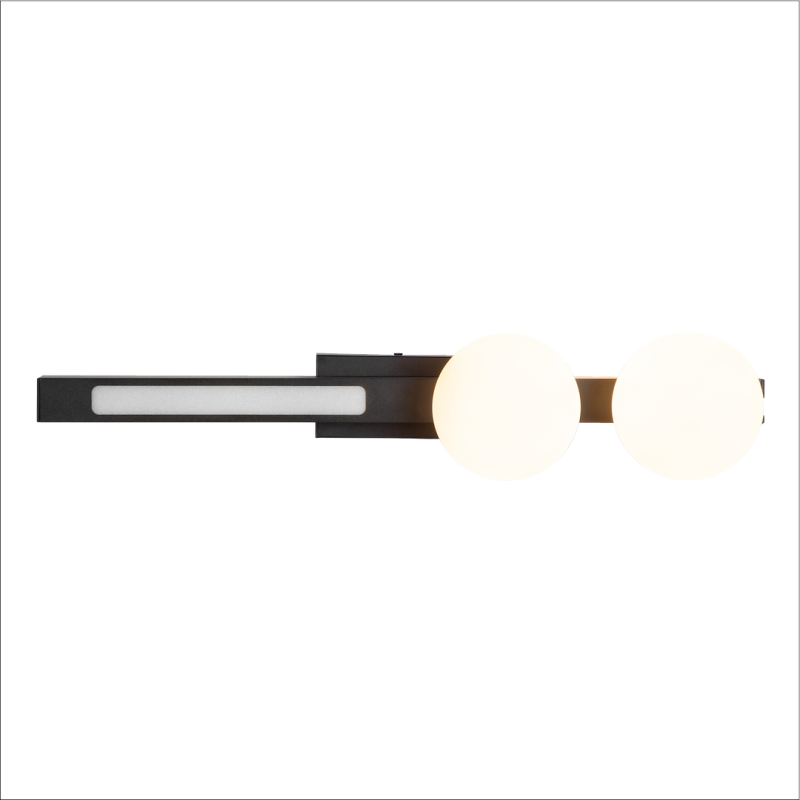 Black wall sconce with two white globe bulbs on a horizontal bar