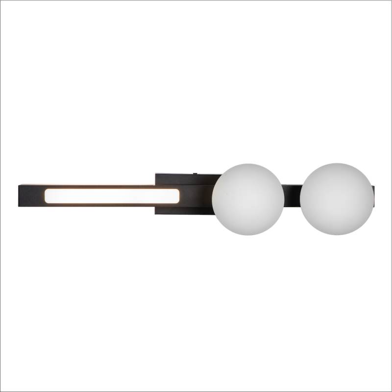 Contemporary wall-mounted light fixture with a horizontal bar, glowing strip, and two frosted glass globes