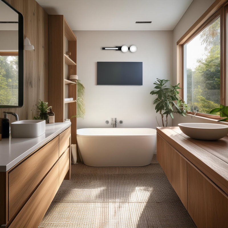 Modern bathroom with a freestanding white tub, wooden vanity and shelves, large window, and potted plants near a wall-mounted TV.