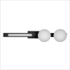 Black metal wall sconce with two white globe lights mounted on a horizontal bar.