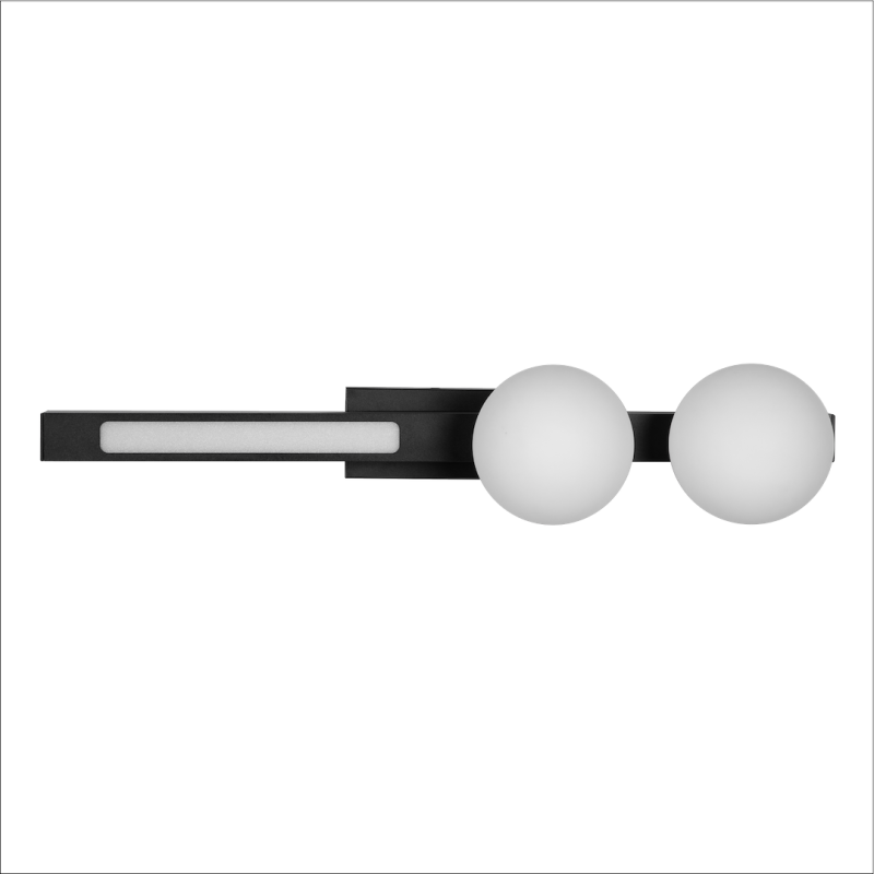 Black metal wall sconce with two white globe lights mounted on a horizontal bar.