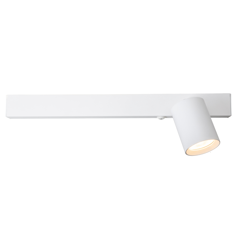 White wall-mounted horizontal bar light with a single angled spotlight pointing downward A modern white track light fixture featuring a tilted cylindrical shade White ceiling spotlight: horizontal bar with an adjustable downward-facing lamp