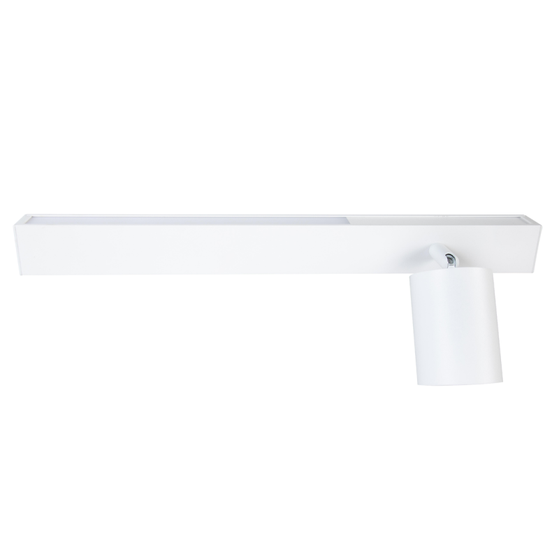 White linear ceiling track light with a single adjustable cylindrical spotlight at the right end
